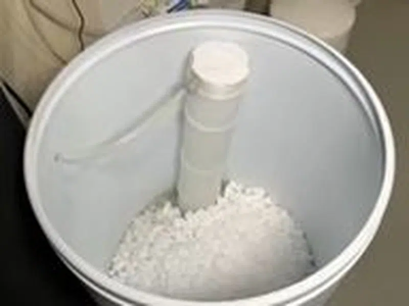 Whole-home water softener with control valve, brine tank, and plumbing connections for About GoodYear AZ Plumbing Experts showing whole water softener control valve brine tank connections about body detail
